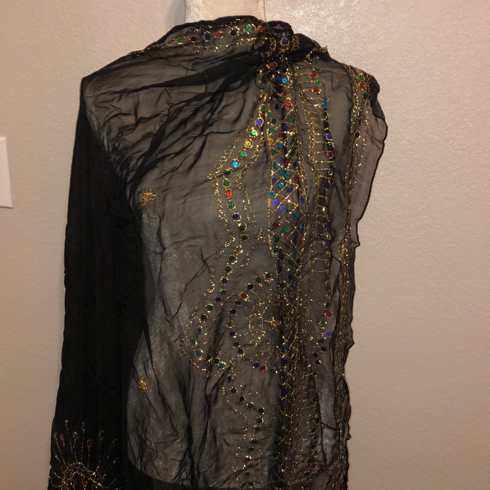 Black sheer, rainbow sequin & gold thread accent